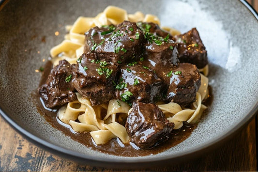 Dicas de carne de erva de alho macia com macarrão de ovo amanteigado