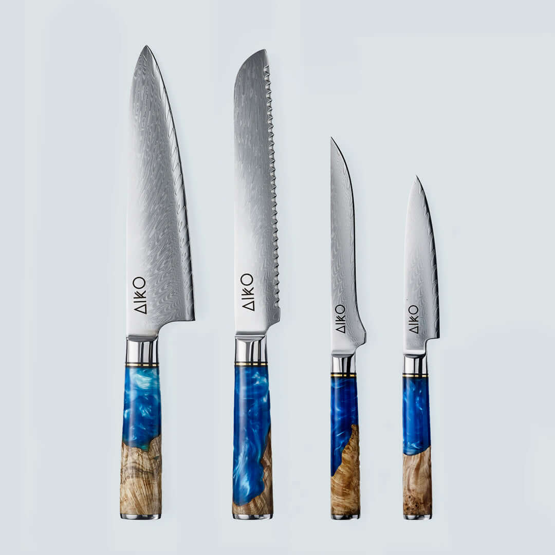AIKO Azul (あいこ あいこ アイコ アイコ アイコ アイコ) Cuchillo de acero Damasco con mango de resina azul de color