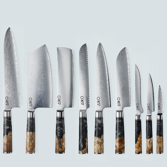 Aiko Black (あいこ あいこ, アイコ) Cuchillo de acero Damasco con mango de resina negra de color