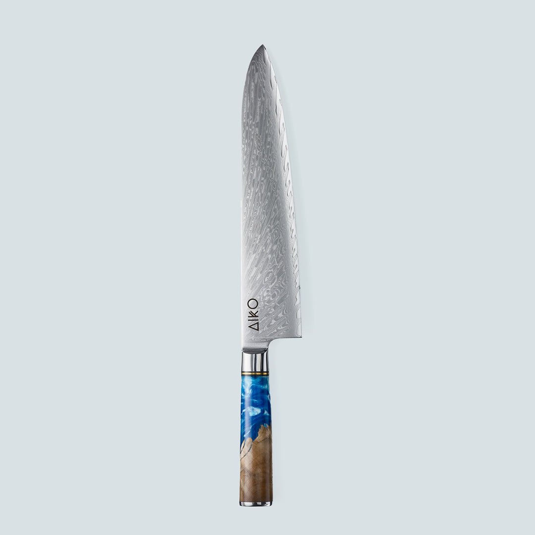 AIKO Azul (あいこ あいこ アイコ アイコ アイコ アイコ) Cuchillo de acero Damasco con mango de resina azul de color