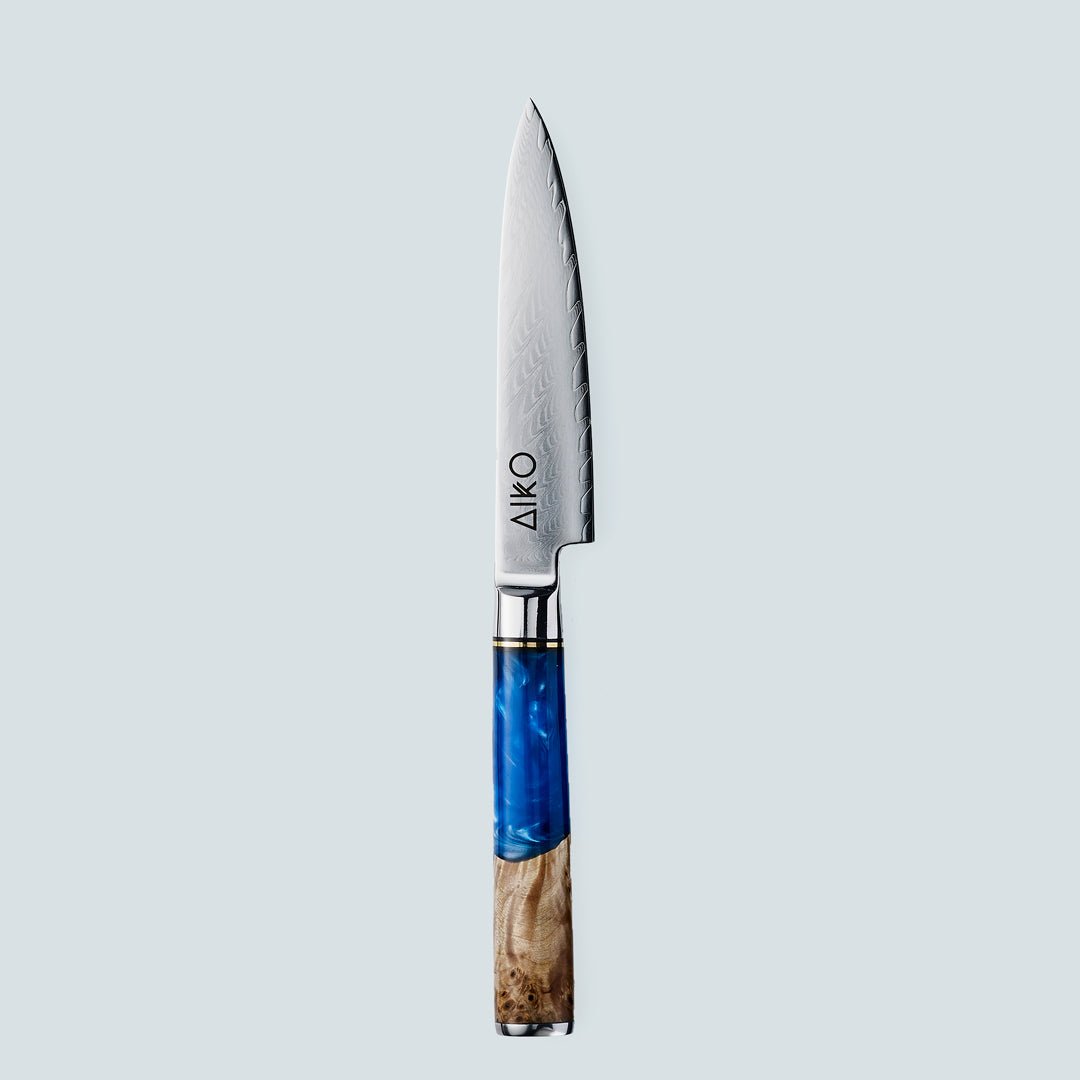 AIKO Azul (あいこ あいこ アイコ アイコ アイコ アイコ) Cuchillo de acero Damasco con mango de resina azul de color