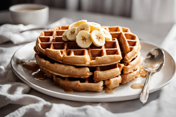 Waffles de banana fofos com xarope de bordo