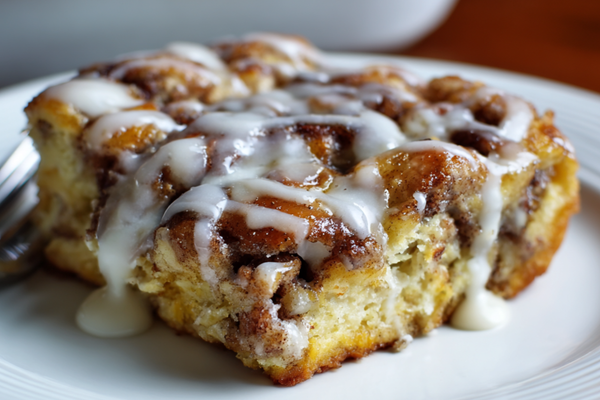Gooey Cinnamon Roll Breakfast Casserole with Vanilla Glaze