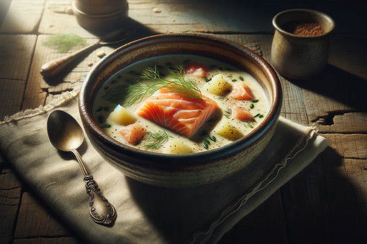 Sopa de salmão aveludado com poucos e batatas