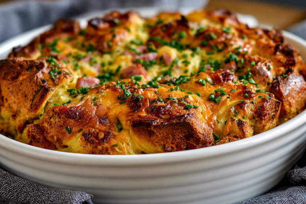 Savoury Ham Salad Bread Pudding with Cheddar and Chives