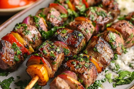 Suculentos kabobs de cordeiro grelhado no estilo mediterrâneo