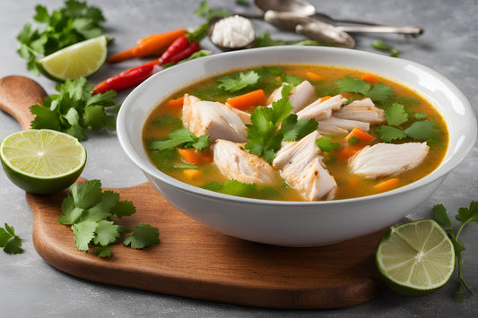 Caldo de Pollo ou sopa de galinha saudável com legumes