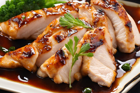 Peito de frango suculento em uma marinada de teriyaki