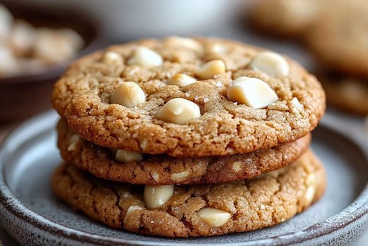 Cookies decadentes de nozes de macadâmia de chocolate branco