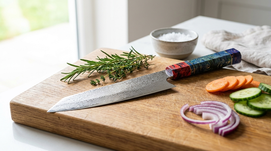 Damascus steel kiritsuke knife with a coloured ebony handle on an oak chopping board with fresh herbs in a modern UK kitchen