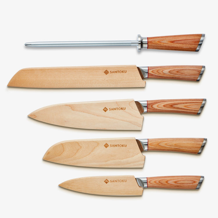 Haruta Juego de cuchillos de cocina japoneses de acero damasco VG10 de 5 piezas con mangos y fundas de madera