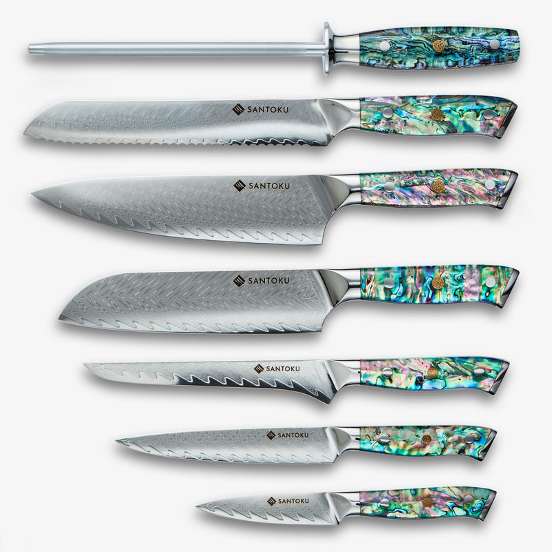 Conjunto de faca de aço Damasco Chikashi com cabo Abalone