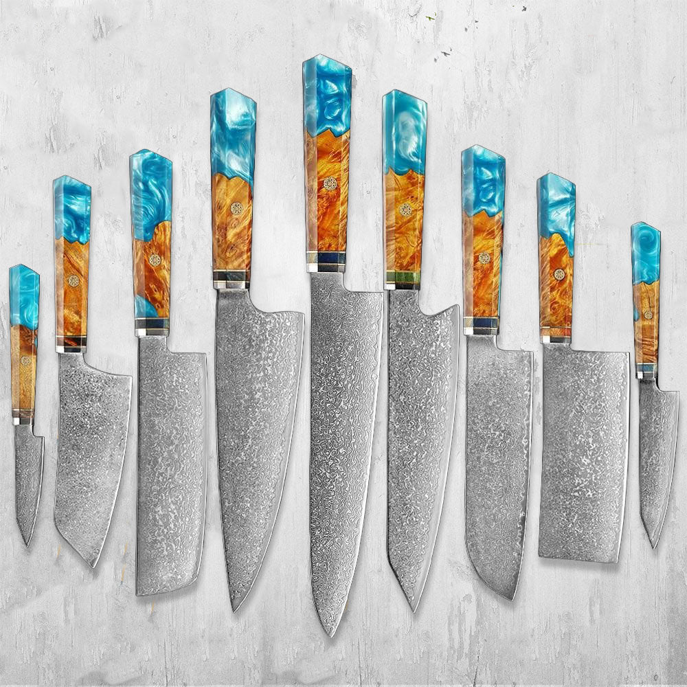 Makito Damascus Steel Knives With Coloured Blue Resin Handle