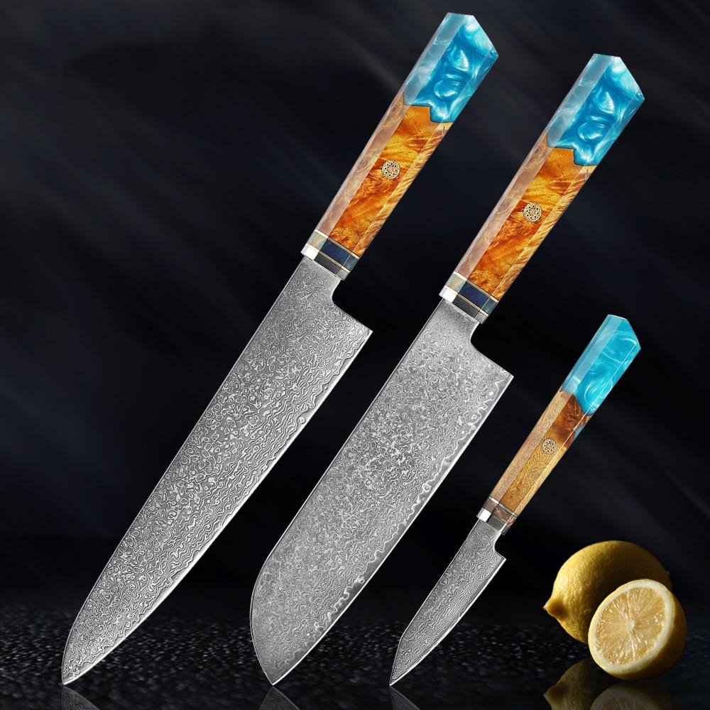 Makito Damascus Steel Knives With Coloured Blue Resin Handle