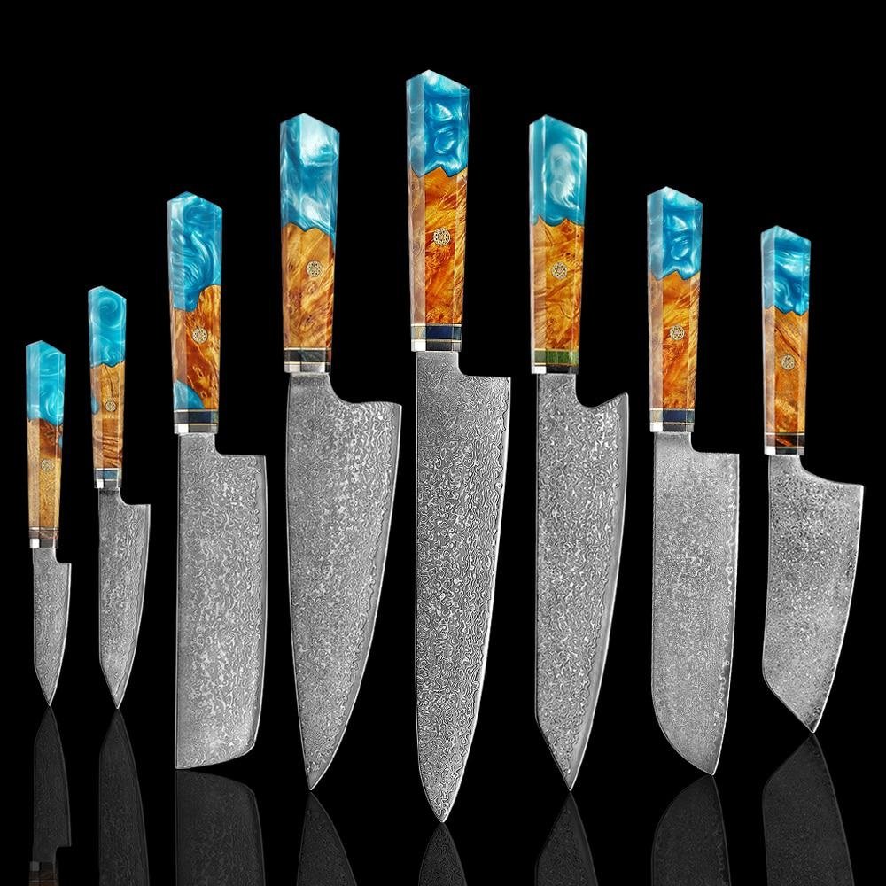 Makito Damascus Steel Knives With Coloured Blue Resin Handle