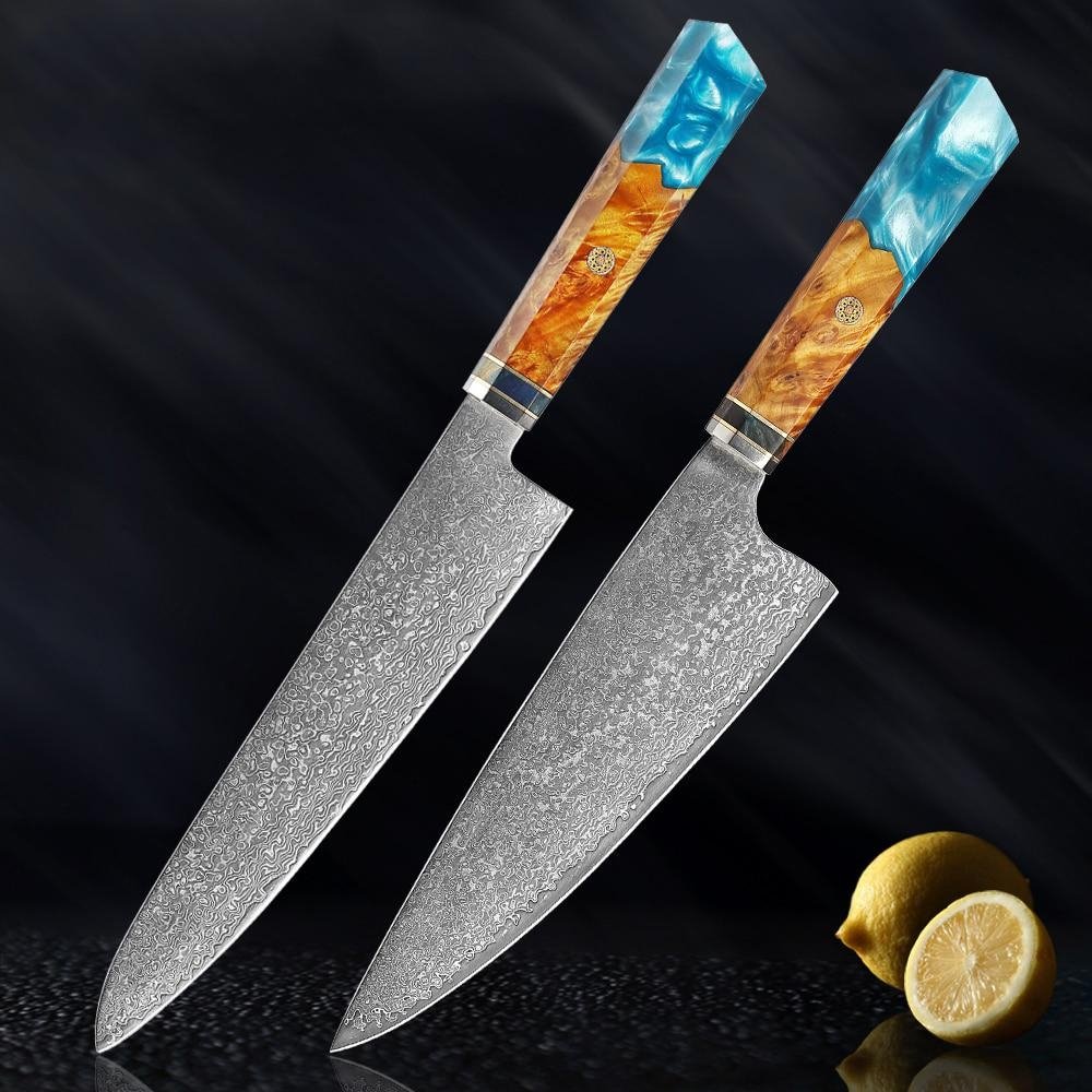 Makito Damascus Steel Knives With Coloured Blue Resin Handle