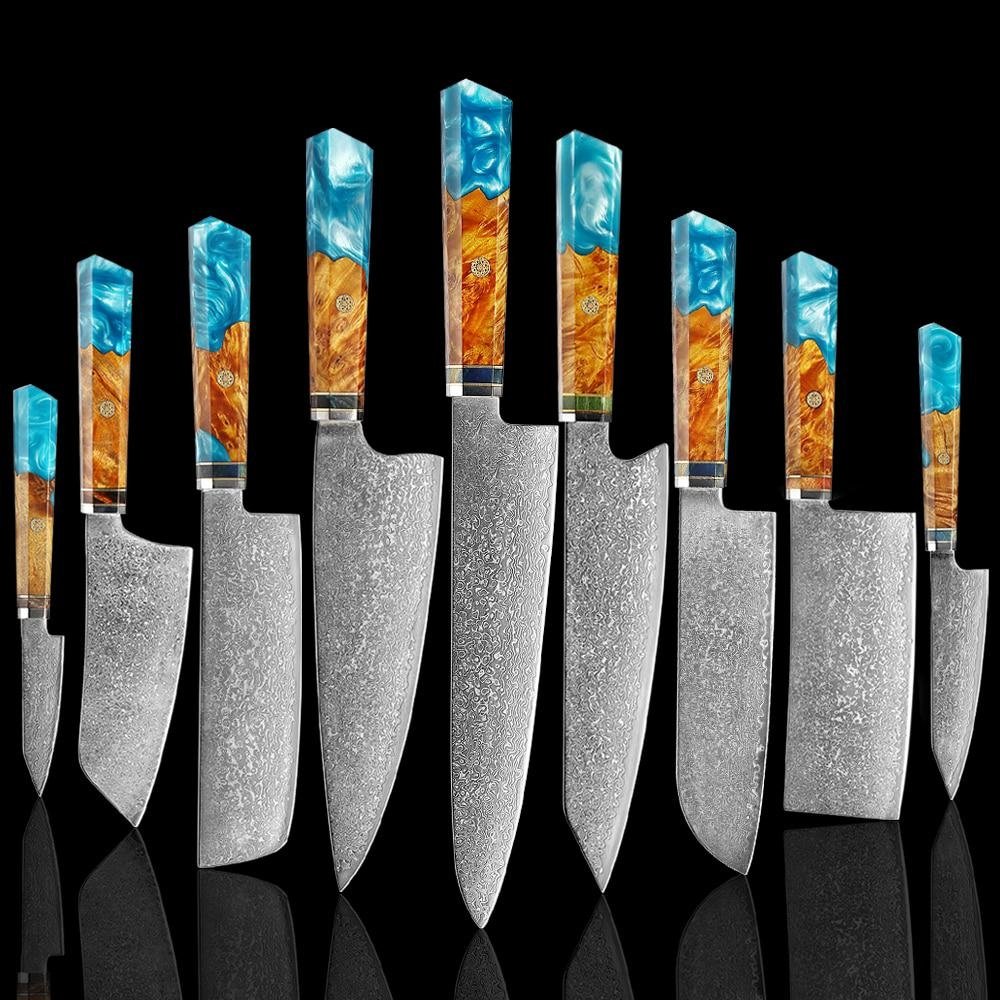 Makito Damascus Steel Knives With Coloured Blue Resin Handle