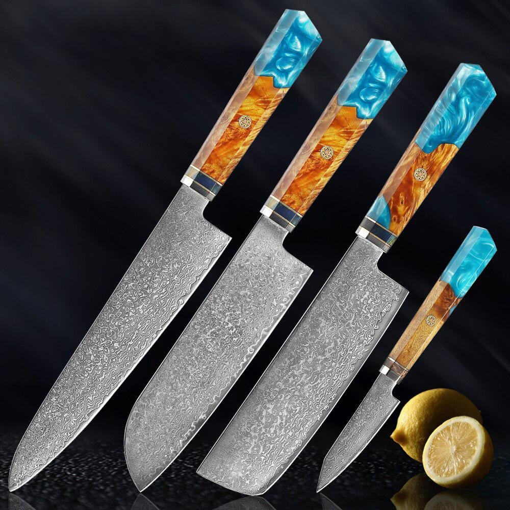 Makito Damascus Steel Knives With Coloured Blue Resin Handle