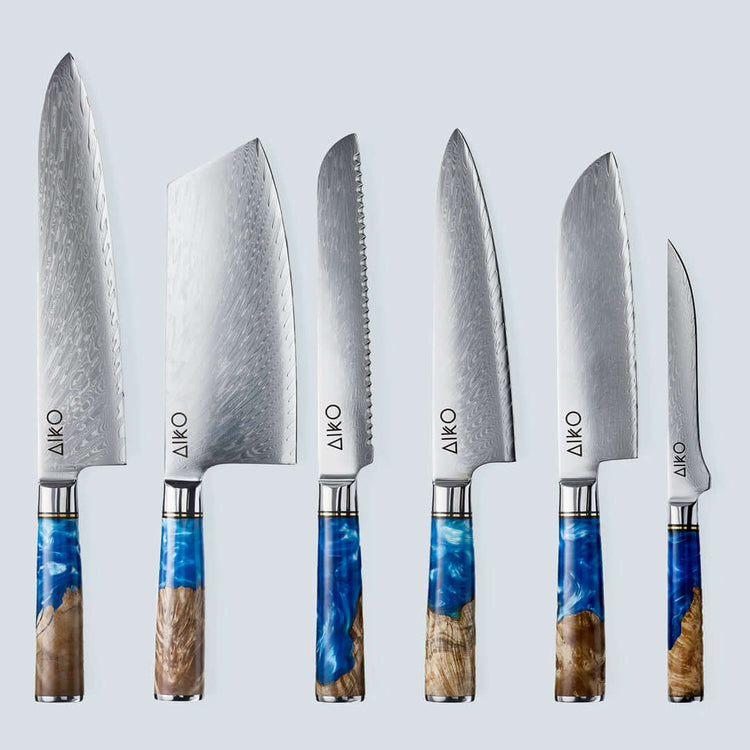 Aiko Blue Damascus Steel Knife with Coloured Blue Resin Handle