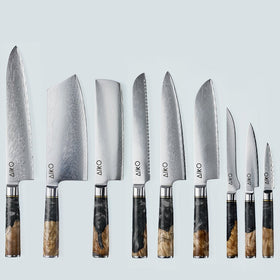 Faca Aiko Preto Damasco em Aço com Cabo de Resina Preta Colorida