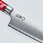 Faca de aço Damasco vermelho Aiko com cabo de resina vermelha colorida