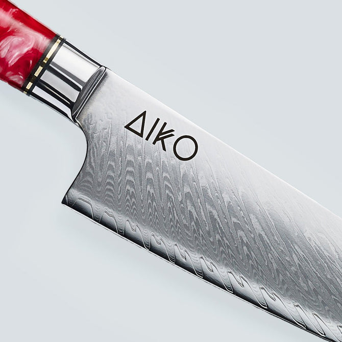 Faca de aço Damasco vermelho Aiko com cabo de resina vermelha colorida