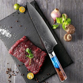 Cuchillo Gyuto de Acero Damasco con Mango de Resina de Color Azul