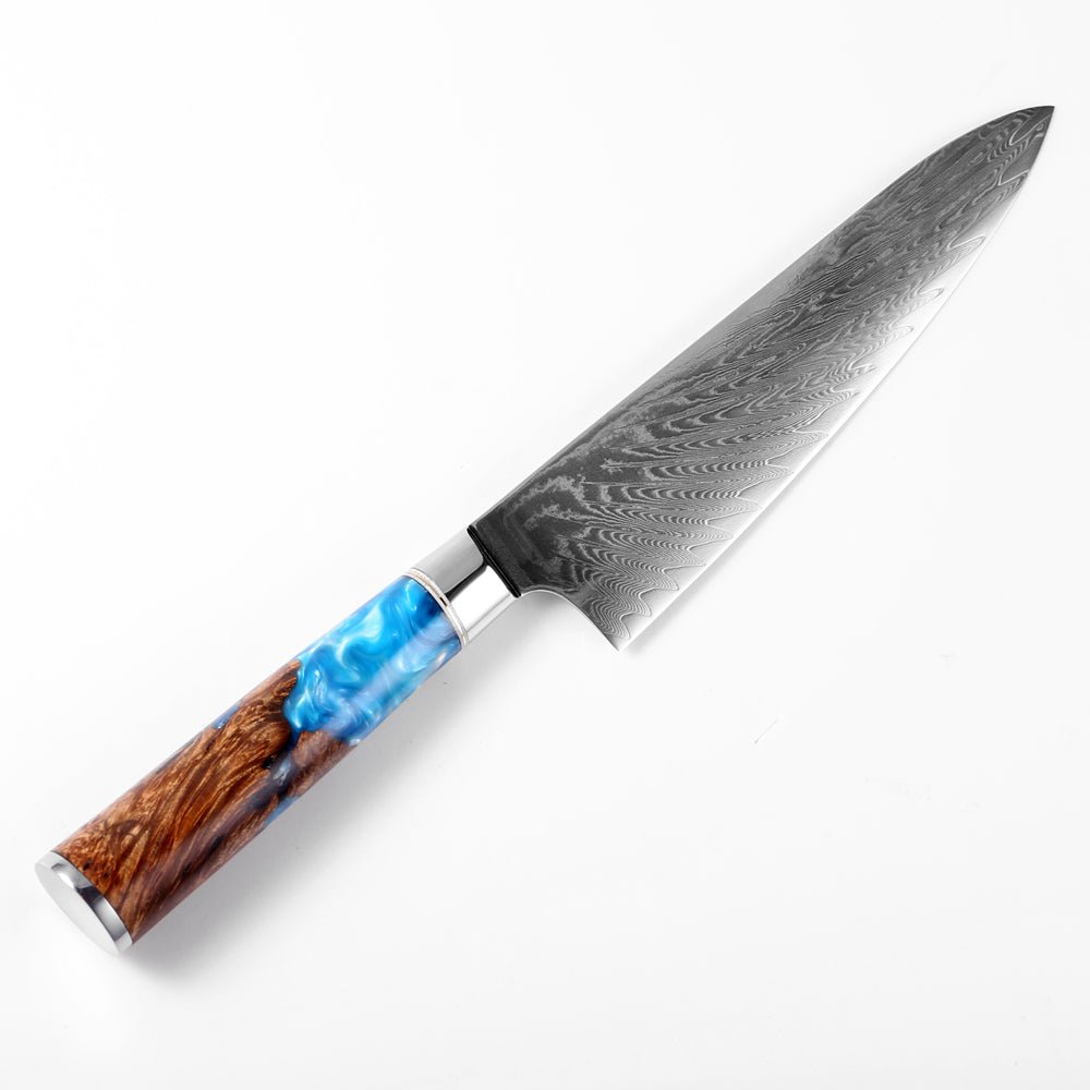 Gyuto (牛刀 牛刀) faca de aço de damasco com alça de resina azul colorida