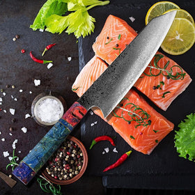 Faca de aço Kiritsuke Damasco com cabo de ébano colorido